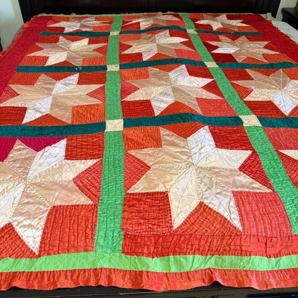 VTG Handmade Satin Patchwork Quilt Red Geometric Star 83x68 for REPAIR/REPURPOSE